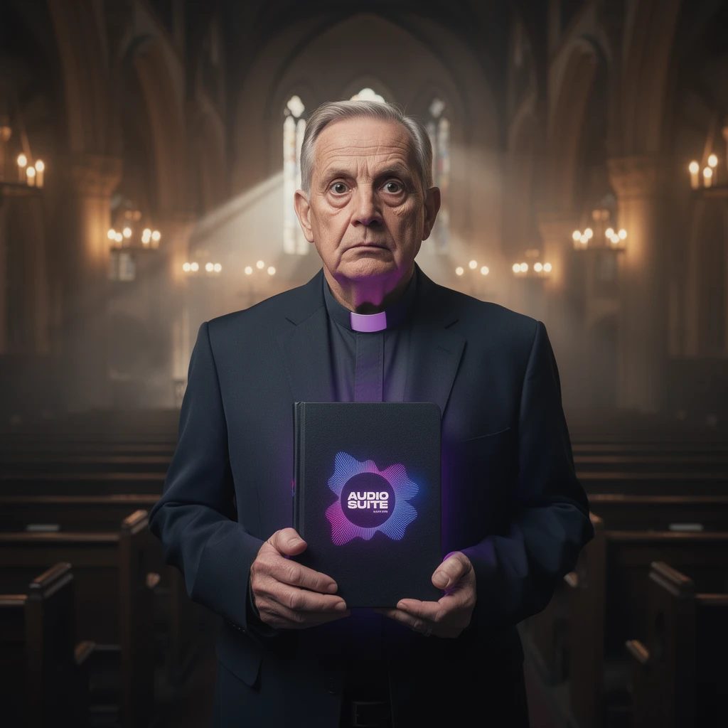 KI-generiertes Bild: Ein Pfarrer steht in einer Kirche und hält ein Buch mit dem Logo der AUDIO SUITE.