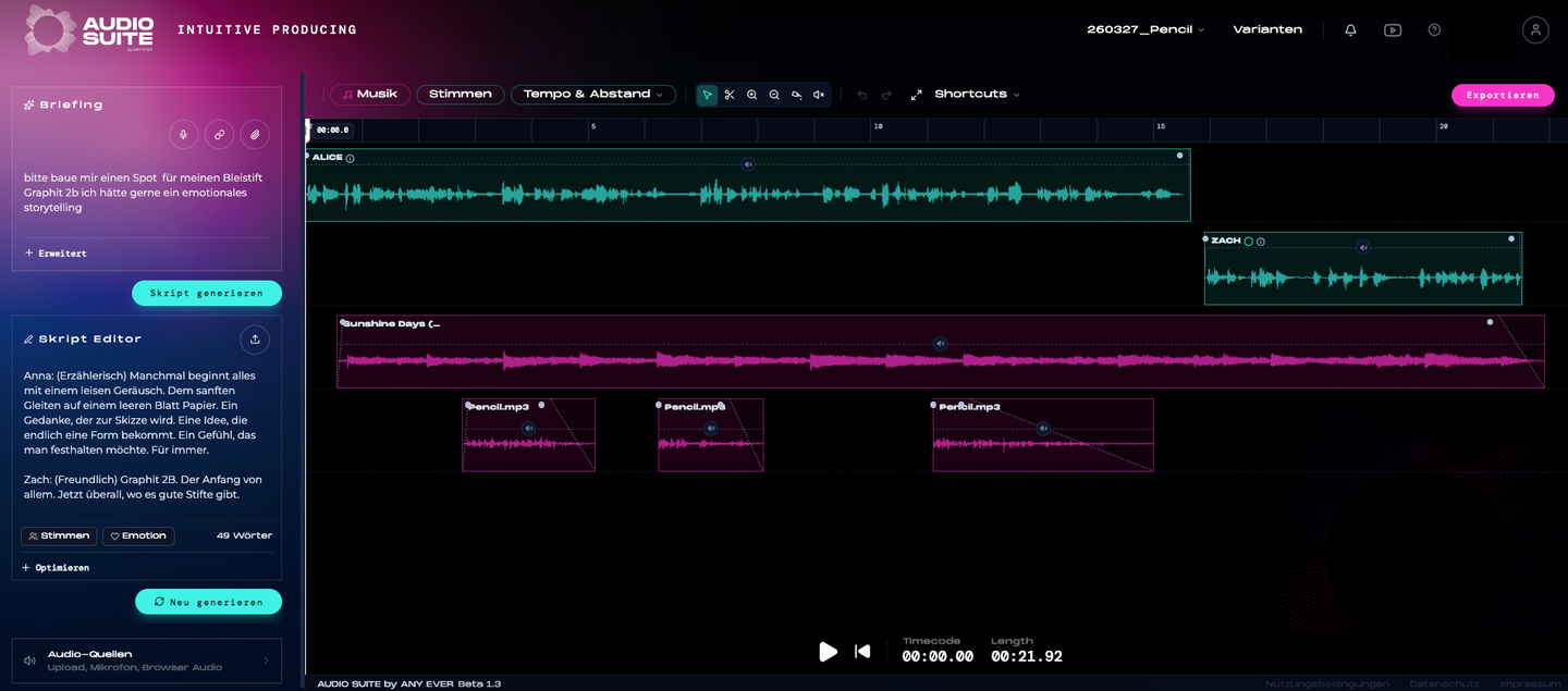 AUDIO SUITE App – DAW-Timeline, Script Editor und Multi-Speaker Ansicht