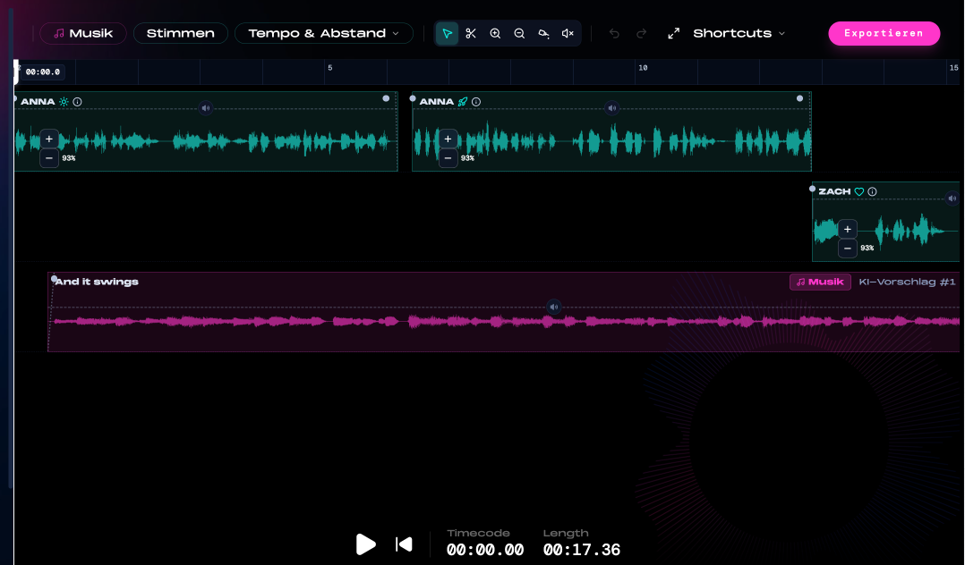Editing – Timeline mit Schnitt-, Klebe- und Mute-Werkzeugen, A/B-Varianten
