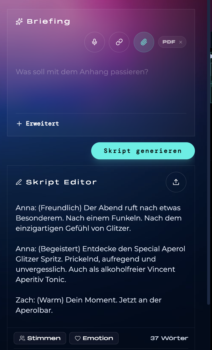 Multi-modales Briefing – Text, Bild, PDF und URL werden zum Skript